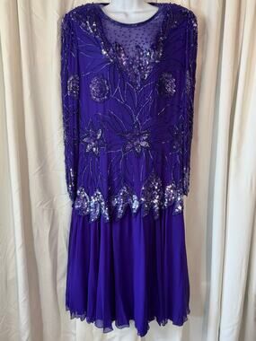 Vintage Black Tie Silk Beaded Purple Evening Dress Gown Size 14
